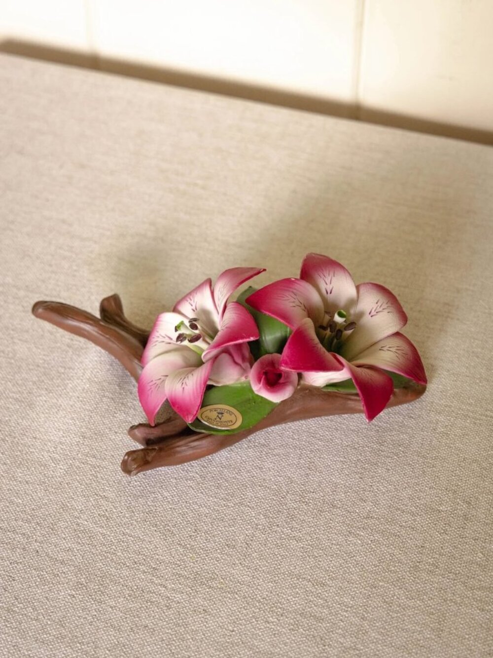 Capodimonte Porcelain Ceramic Dark Pink Lilies on Branch Figurine